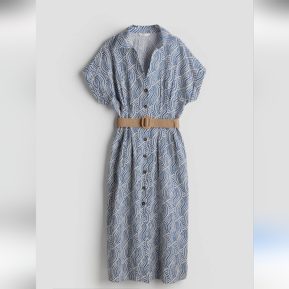 H&M Dresses & Skirts - H&M Blue And White Patterned Belted Shirt Dress Size Medium
